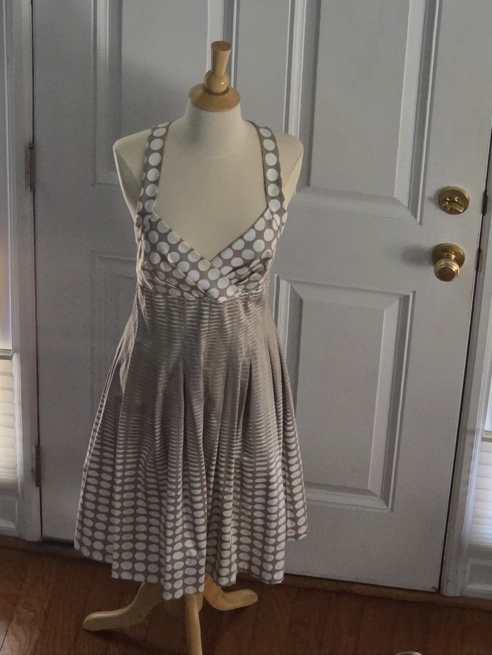 Calvin Klein Taupe and White Polka Dot Midi Dress